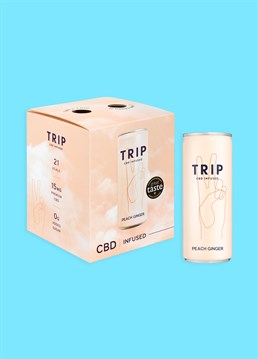 <ul>    <li>Sure to leave you feelin' peachy!</li>    <li>CBD infused lightly sparkling drink</li>    <li>Peach &amp; ginger flavour</li>    <li>Vegan &amp; gluten-free</li>    <li>100% recyclable packaging</li>    <li>Great alternative to alcohol</li></ul><p>Step right up and prepare for a mind-blowing experience with TRIP! <br /><br />TRIP Drinks are the ultimate fusion of relaxation and refreshment. With a dose of premium CBD in every sip, these canned beverages will take you on a flavour-filled journey and leave you feeling as chilled out as a sloth on a tropical vacation. Trust us when we say it's like a zen garden in a bottle.<br /><br />TRIP Peach Ginger isn't your average run-of-the-mill beverage. Oh no, these babies are hand-crafted and packed with beneficial, natural ingredients such as lemon balm to relieve stress, l-theanine to brighten mood, ginseng to improve energy and turmeric to boost vitality. PLUS the star of the show, CBD, to give your mind clarity and your body balance. And guess what? They taste amazing too!<br /><br />TRIP Drinks are crafted with well-being in mind to add a little extra bliss to your day in a natural way. These stylish cans are vegan, gluten-free, and contain no artificial colors or preservatives. Just pure, unadulterated liquid delight that'll make you go, "Mmm, that's the good stuff!"</p><p>Whether you're seeking a moment of calm amongst the chaos, or simply an excuse to kick back and relax with friends, TRIP Drinks have got you covered! Best enjoyed cold; simply sit back, sip the Peach Ginger deliciousness and let the good vibes wash over you.</p><p><strong>This pack contains 4 x TRIP Peach Ginger cans.&nbsp;</strong></p><p><strong>&nbsp;</strong><strong>Each 250ml can includes: 21 kcals, 15mg CBD and no added sugar.&nbsp;Not suitable for children or pregnant women.</strong></p>